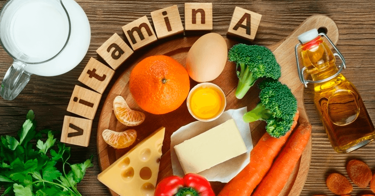 A importância da Vitamina A para a saúde - a imagem contém alimentos com vitamina A, laranja, queijo, brócolis, cenoura, ovos entre outros